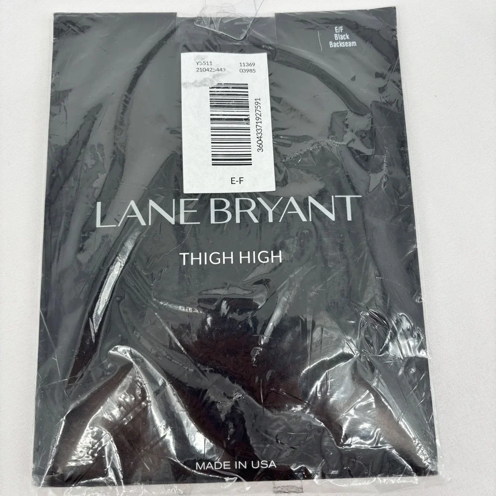 Lane Bryant Black Backseam Thigh High Stockings Size E/F Plus Size Sheer